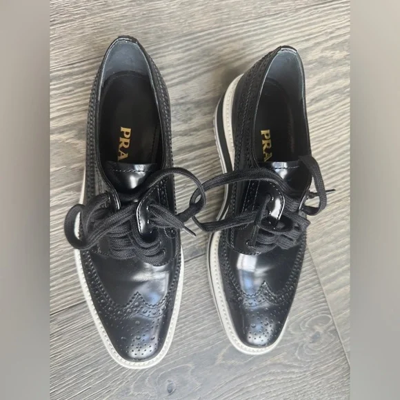 Prada Brogue Patent Leather Wingtip Platform Derby Shoes in Black Size 35 - Picture 8 of 10